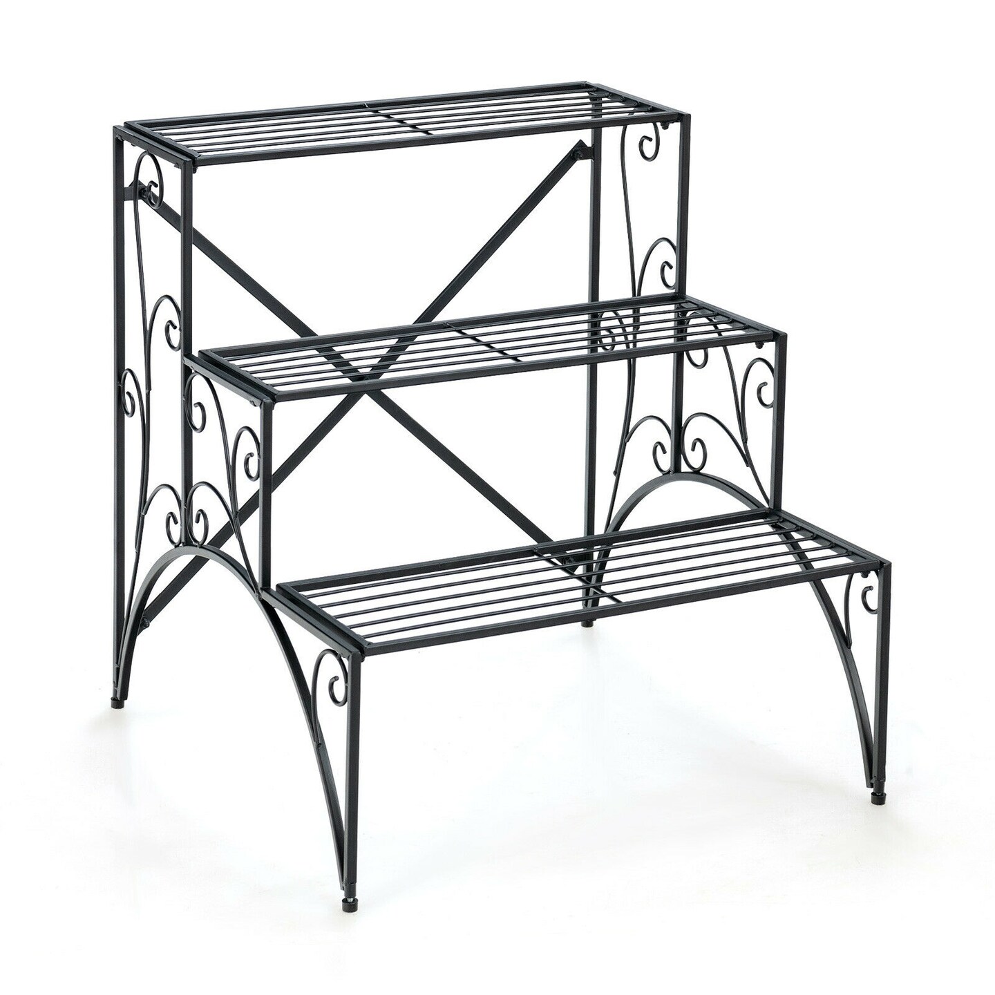 Black 3-Tier Metal Plant Stand Ladder Style Shelves Indoor Outdoor
