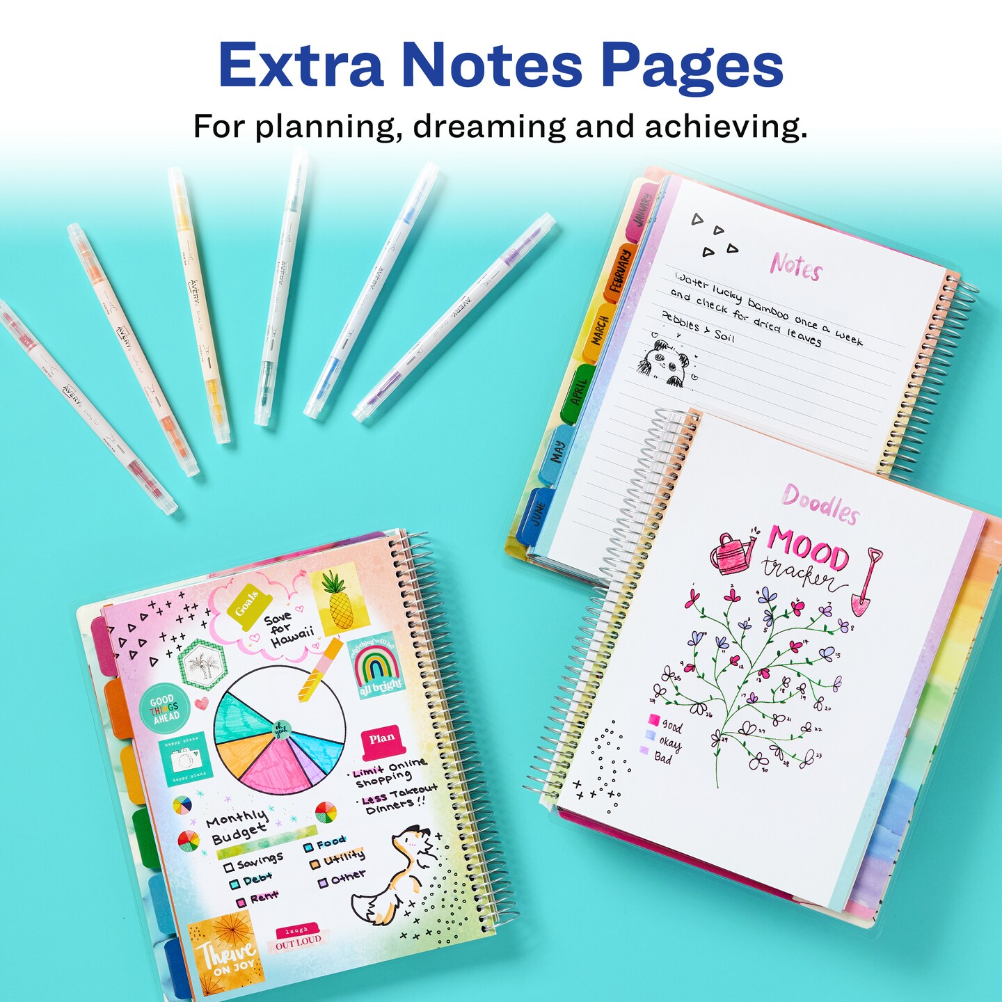 Avery + Amy Tangerine Designer Collection Planner, Undated 12-Month Planner with Stickers, 8.25&#x22; x 9.75&#x22;, Watercolor Inkblot Design (29881)
