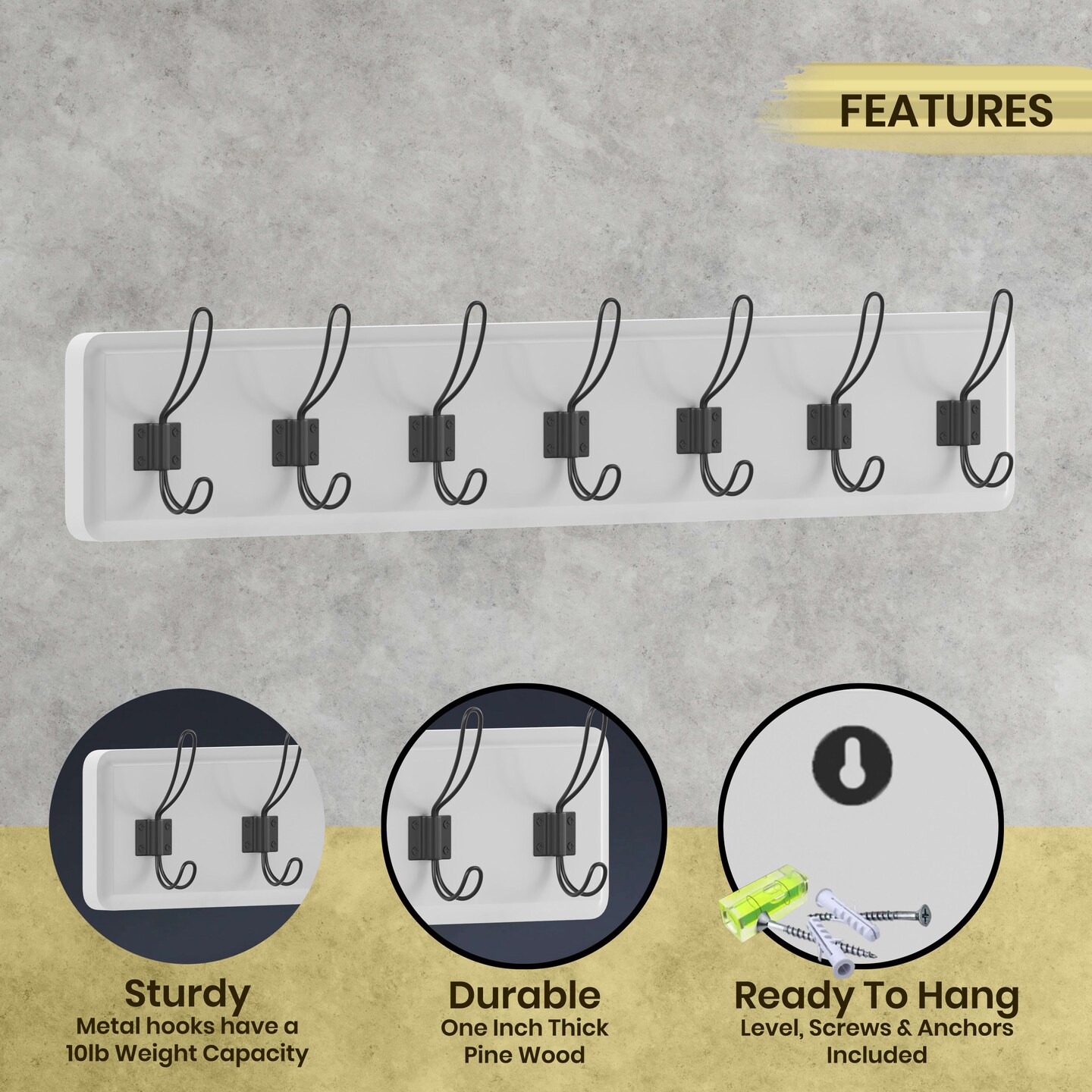 HBCY Creations Wall Mounted Storage Rack - Pine Wood Construction - 7 Hooks - Ideal for Entryway, Kitchen, Bathroom and More