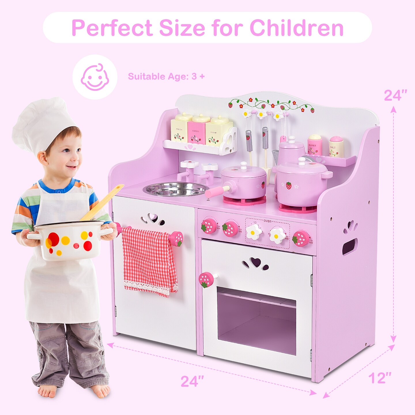 Pink -White Wooden Kids Kitchen Play-set Strawberry Cooking Toy