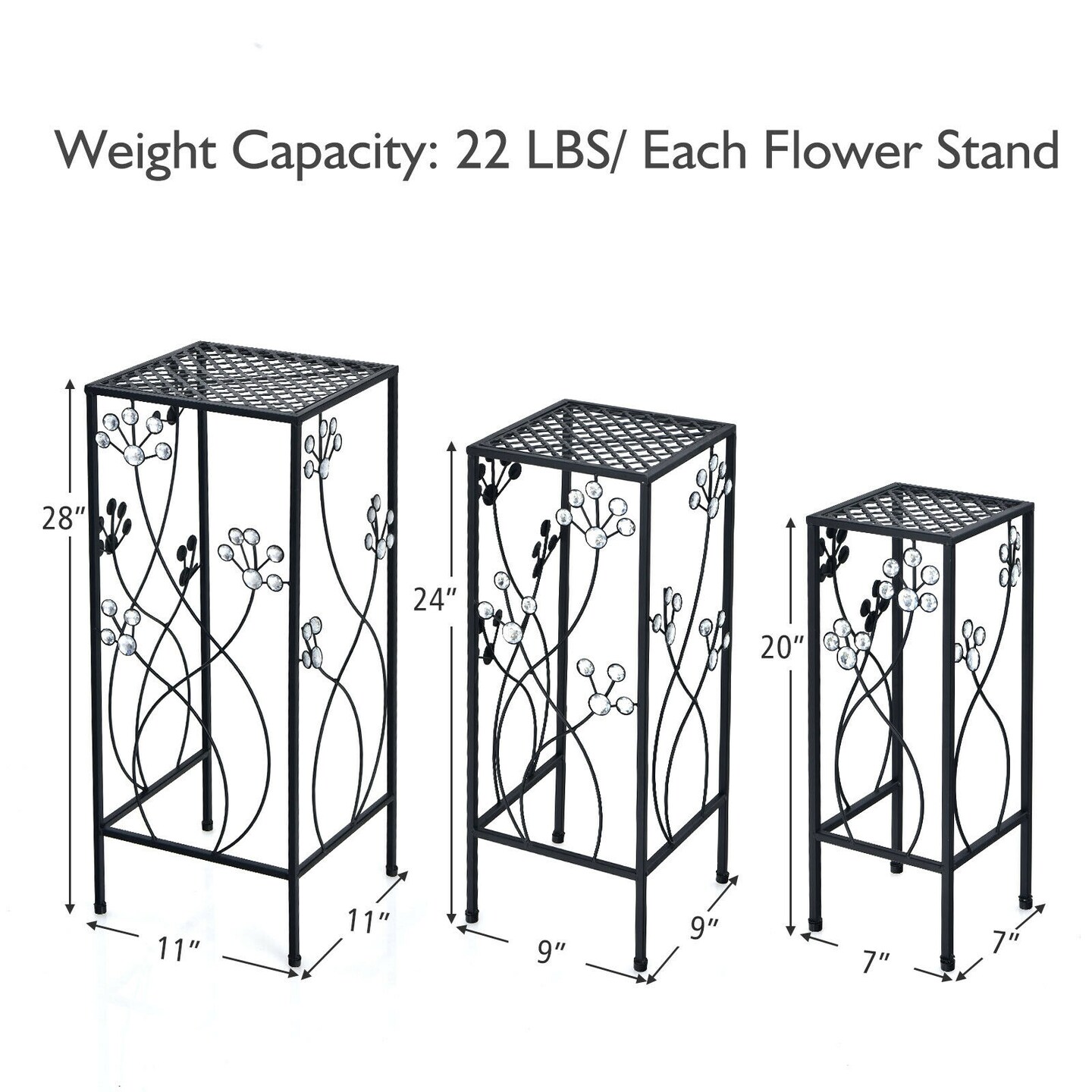 3 Pieces Metal Plant Stand Set with Crystal Floral Accents Square-Black