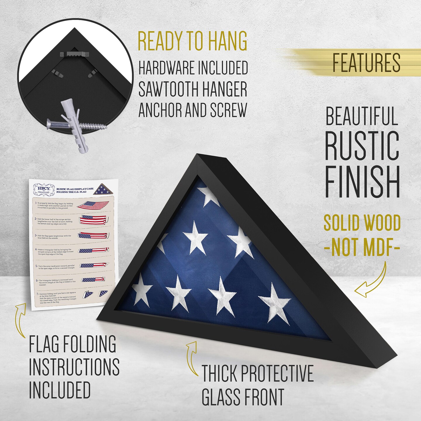 HBCY Creations Rustic Flag Case - SOLID WOOD Military Flag Display Case for 9.5 x 5 American Veteran Burial Flag, Wall Mounted Burial Flag Frame