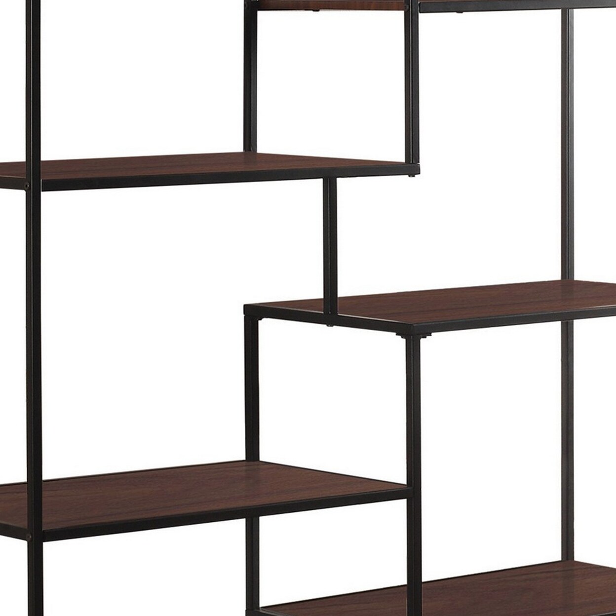 Saltoro Sherpi 65 Inch Bookcase Etagere, 7 Walnut Brown Wood Shelves, Black Metal Frame-