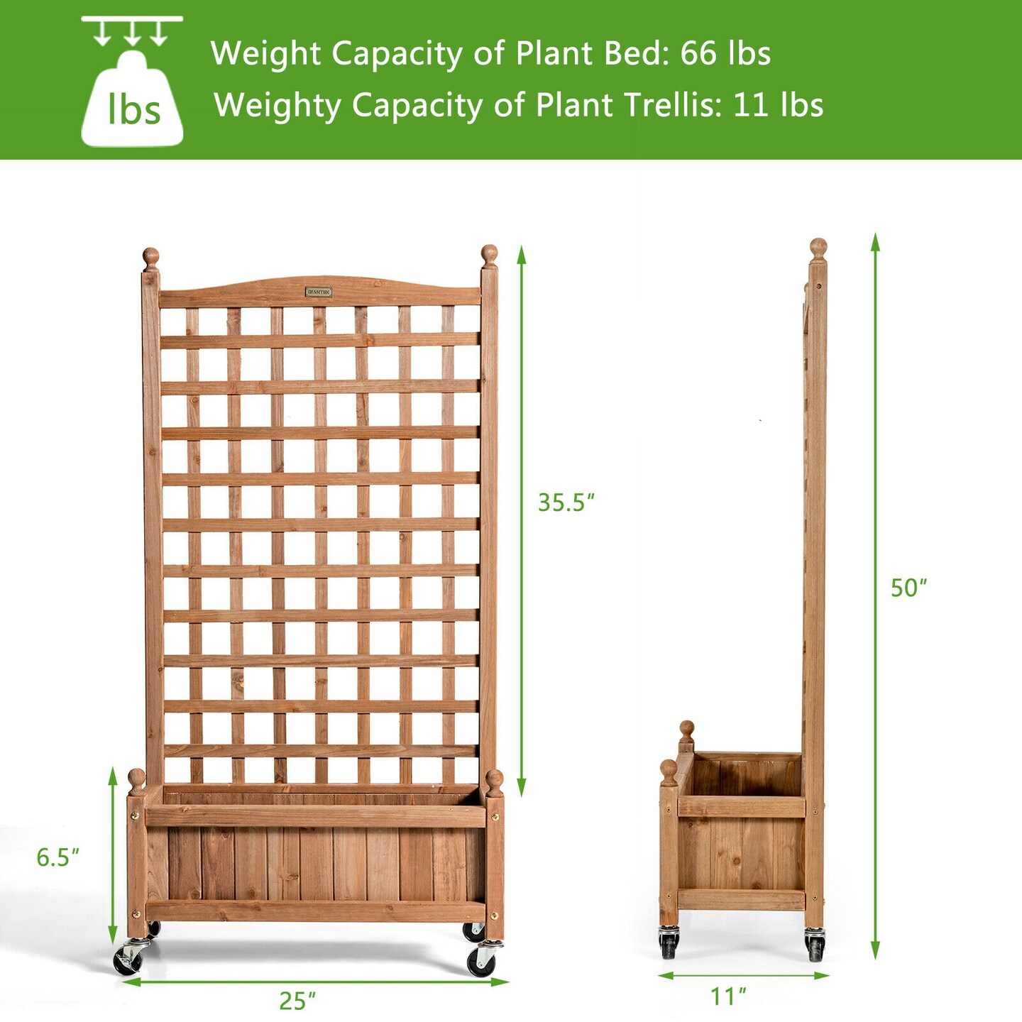 Natural Fir Wood Planter with Climbing Trellis and Wheels 25 Inch Mobile Garden Bed