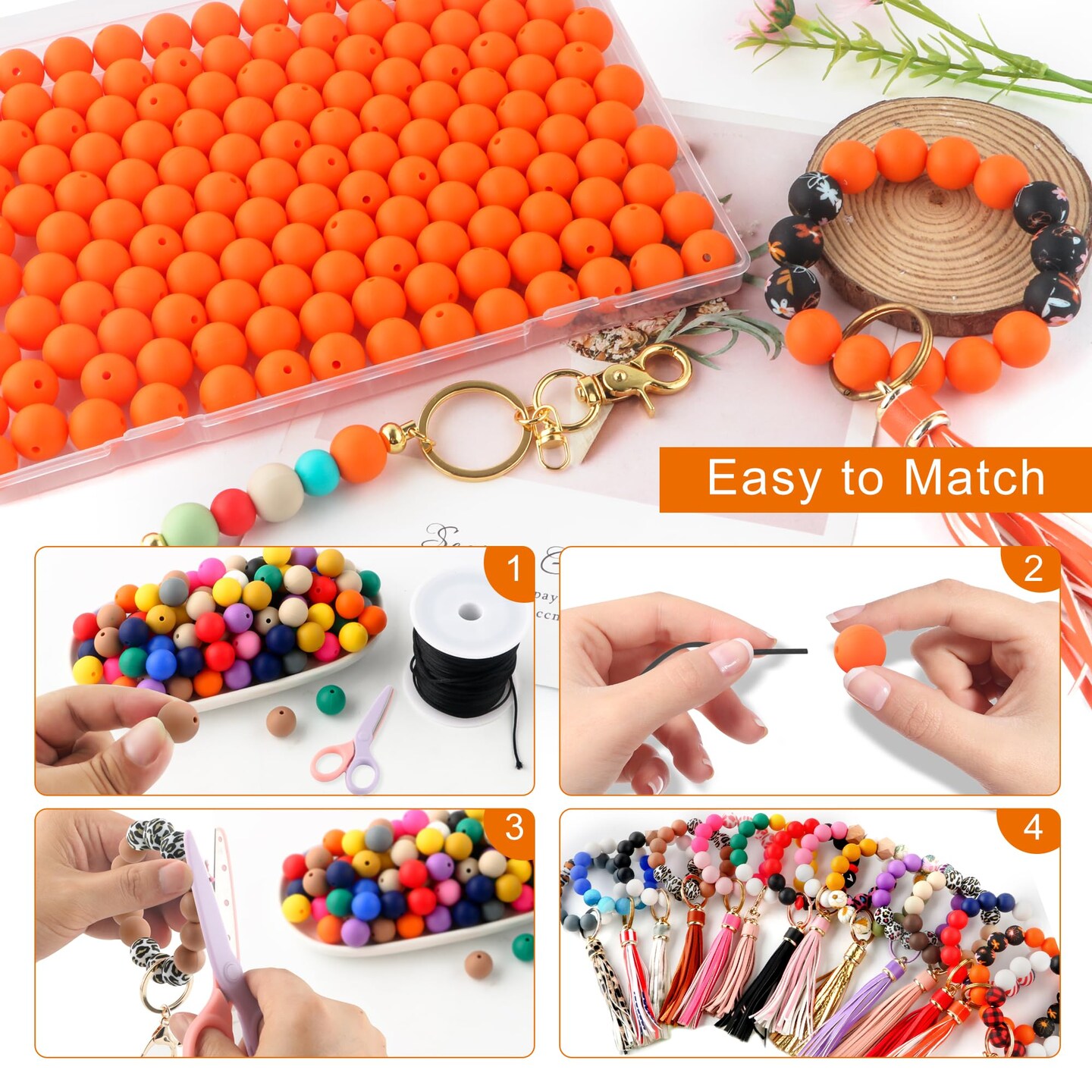 150 Pieces 15mm Silicone Beads, Silicone Beads for Keychain Making Bulk Silicone Beads for Bracelet Making Necklace Making and Round Silicone Beads for Pens(Orange)