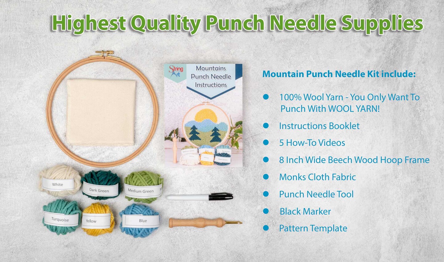 Mountain Mini Punch Needle Kit - DIY Kit For Beginners to Experts, Craft Kit Includes Monks Cloth, Wool Yarn, Embroidery Hoop, and More