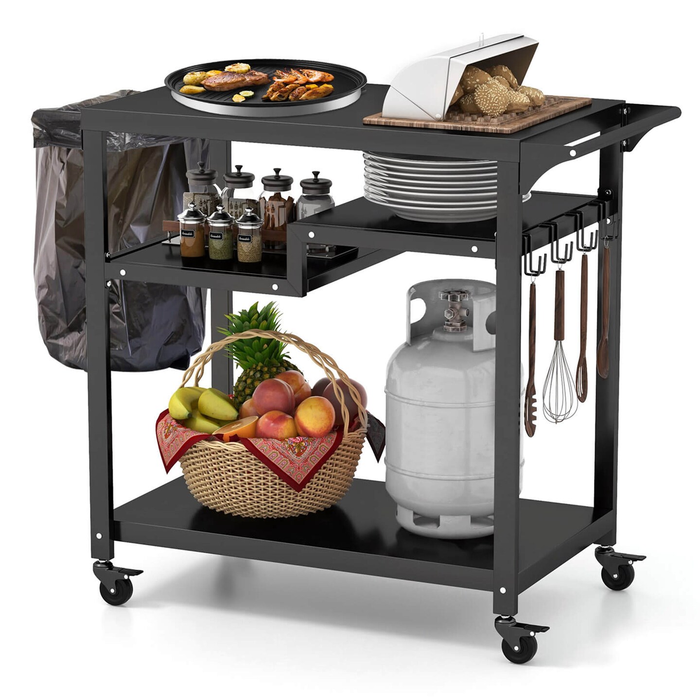 Costway Rolling Grill Cart 3-Shelf BBQ Table Pizza Oven Stand with Trash Bag Holder &#x26; Hooks