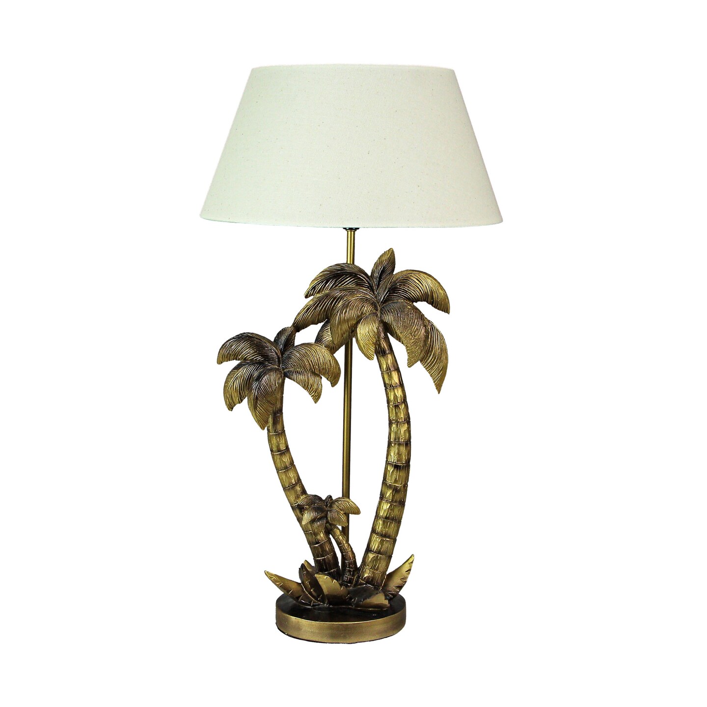 Antique Gold Finish Double Palm Tree Resin End Table Lamp With Shade Nightstand