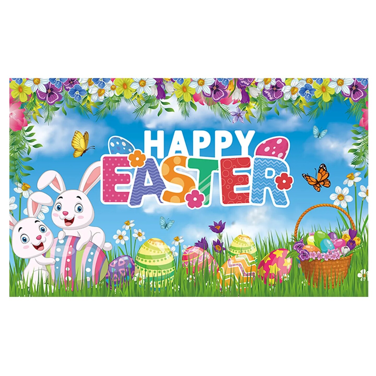 Easter Decorations Banner 71.8" X 43.3" Backdrop Happy Easter Eggs Bunny NEW
