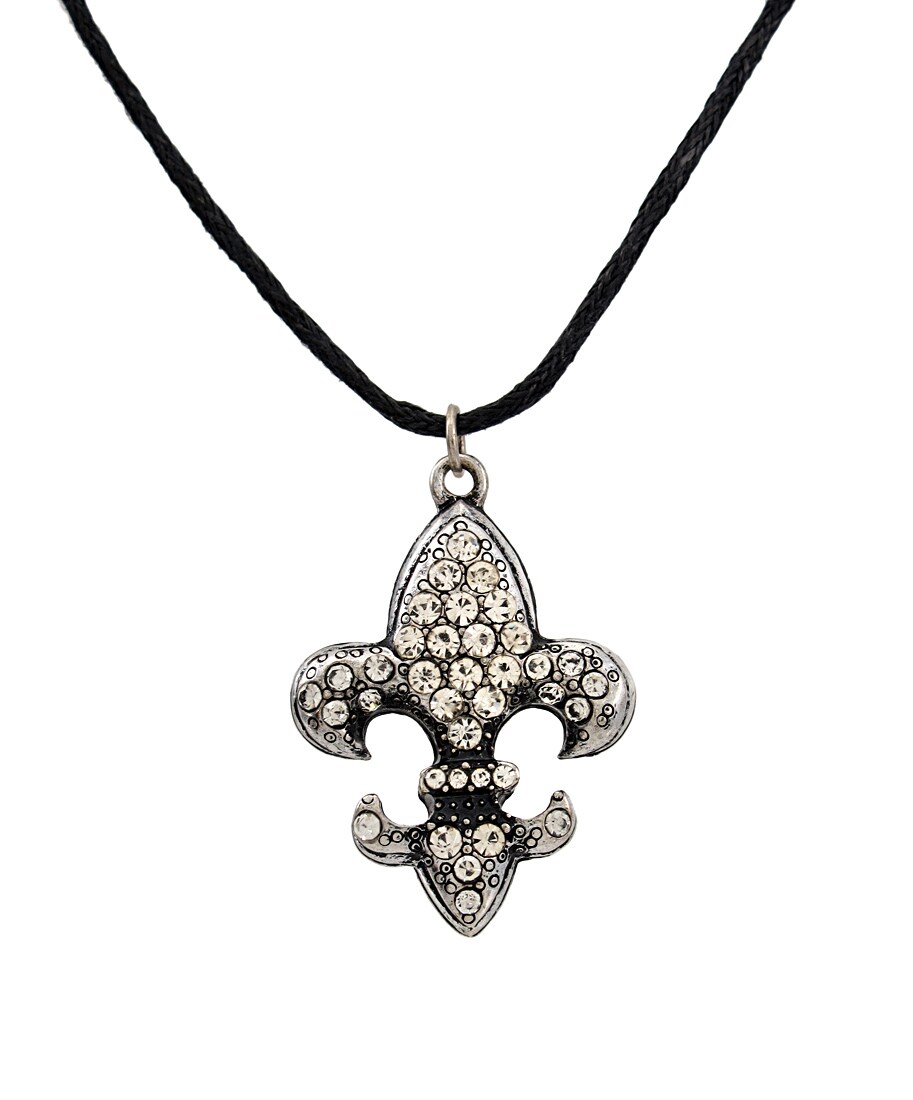 Rhinestone Fleur de Lis with Black Cord Necklace
