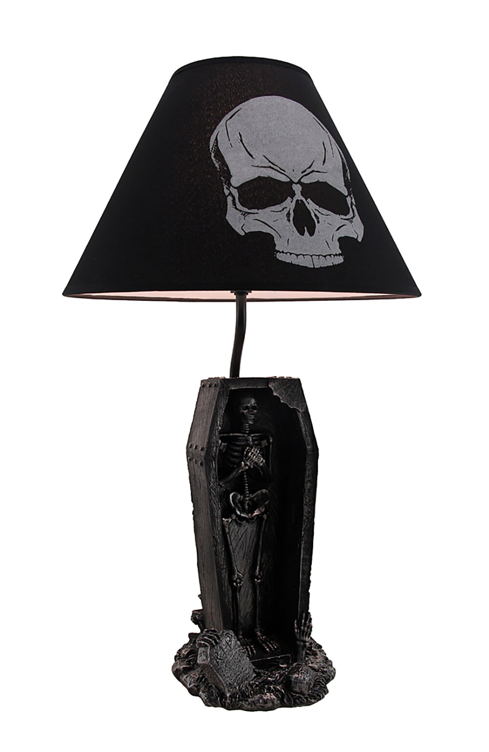 The Gloaming Skeleton in a Coffin Table Lamp and Fabric Skull Shade