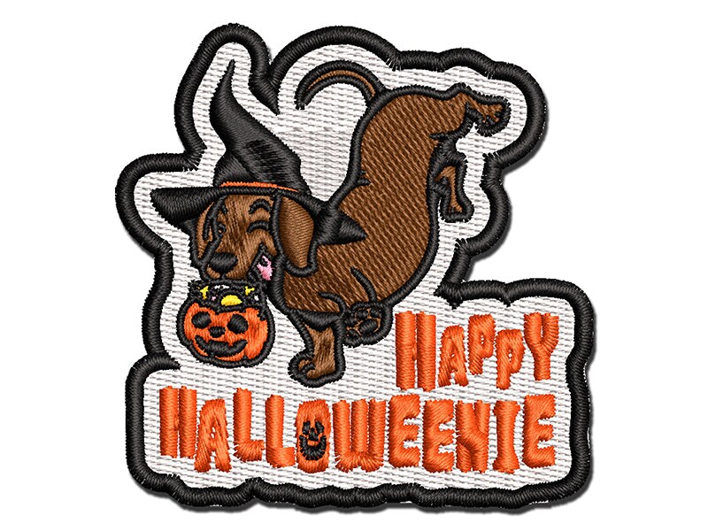 Happy Halloweenie Dachshund Weiner Dog Halloween Multi-Color Embroidered Iron-On or Hook &#x26; Loop Patch Applique