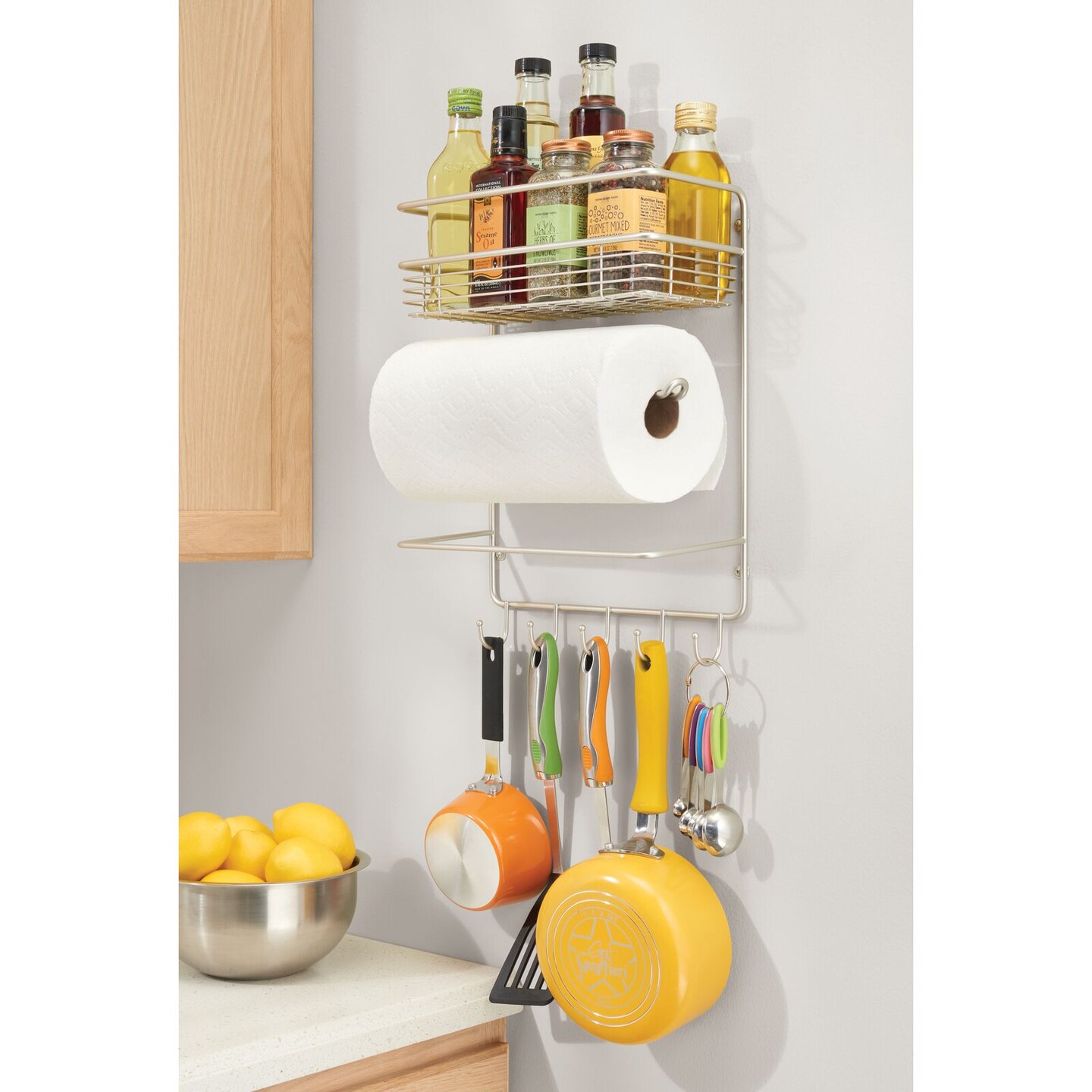 mDesign Metal Wall Mount Paper Towel Holder with Storage Shelf & Hooks