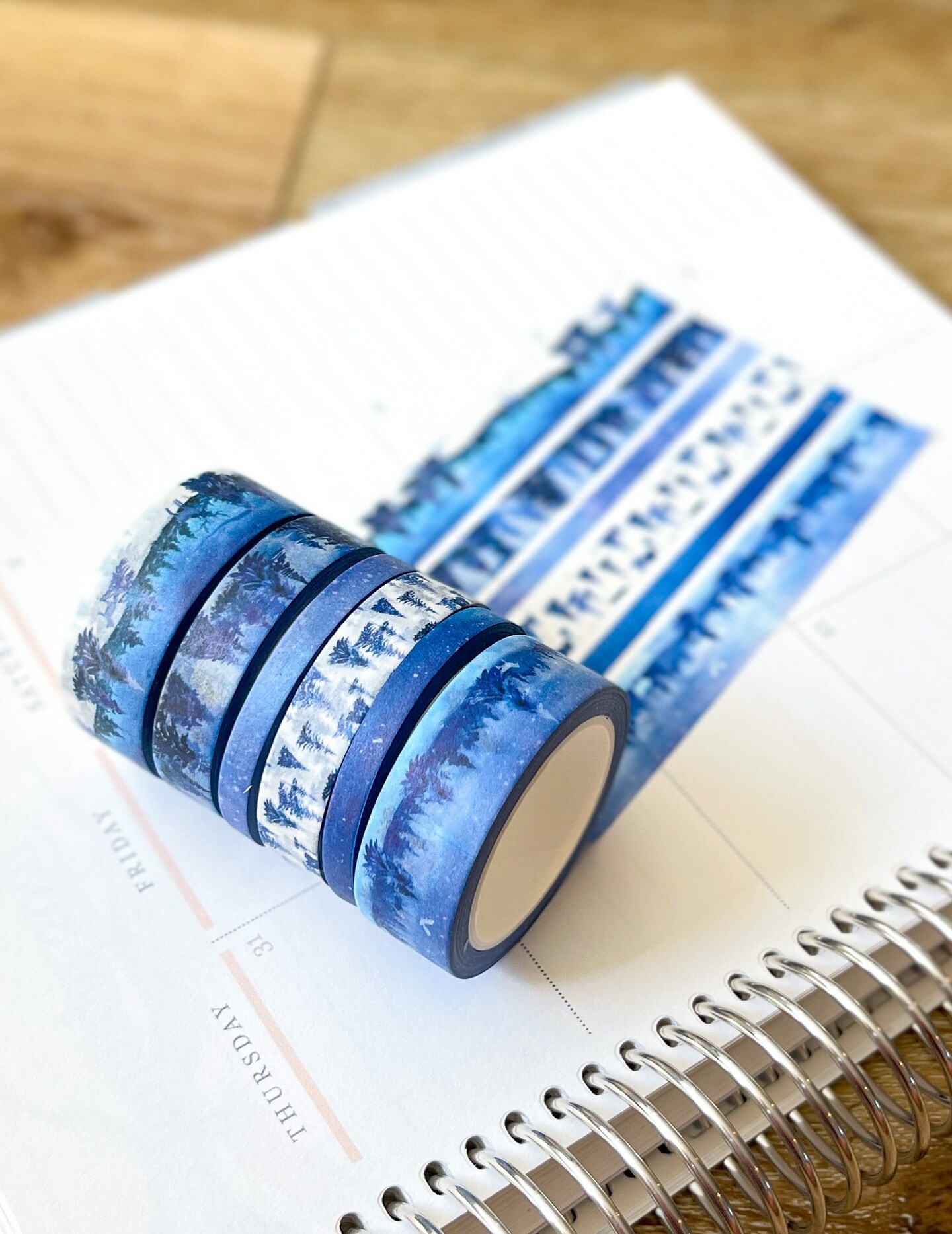 Snow &#x26; Forest Animals Navy Blue Trees Washi Tape Set (#W075)
