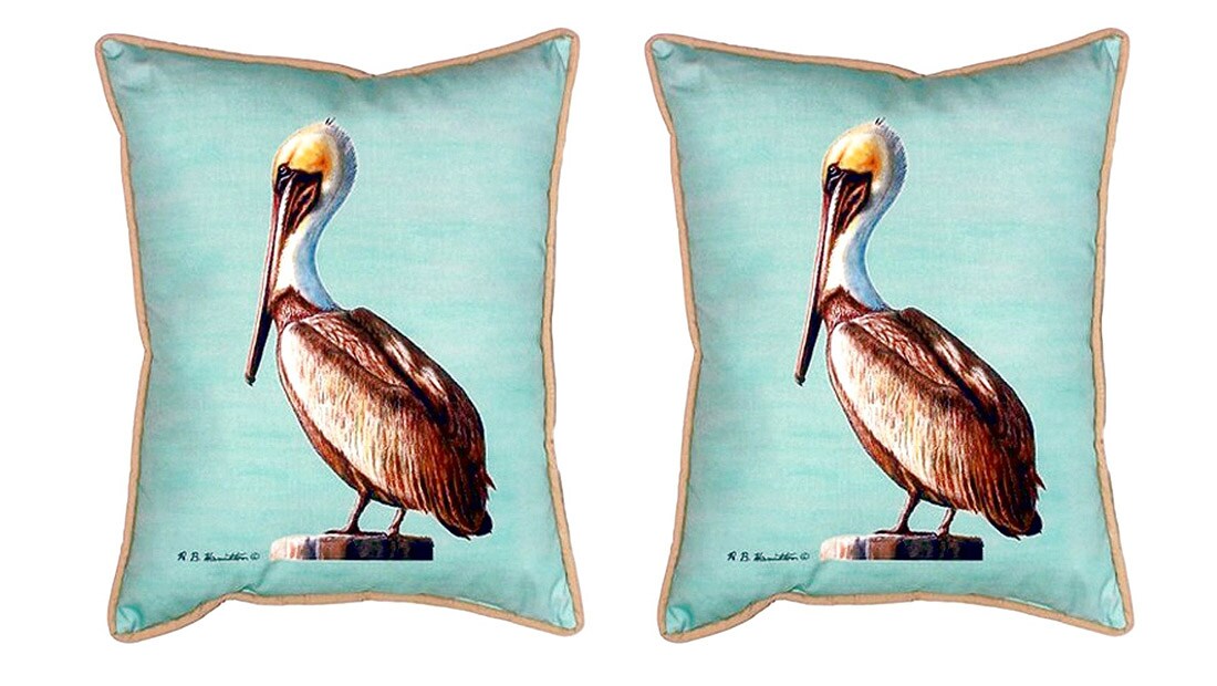Pair of Betsy Drake Pelican - Teal Small Outdoor Pillows 11X 14