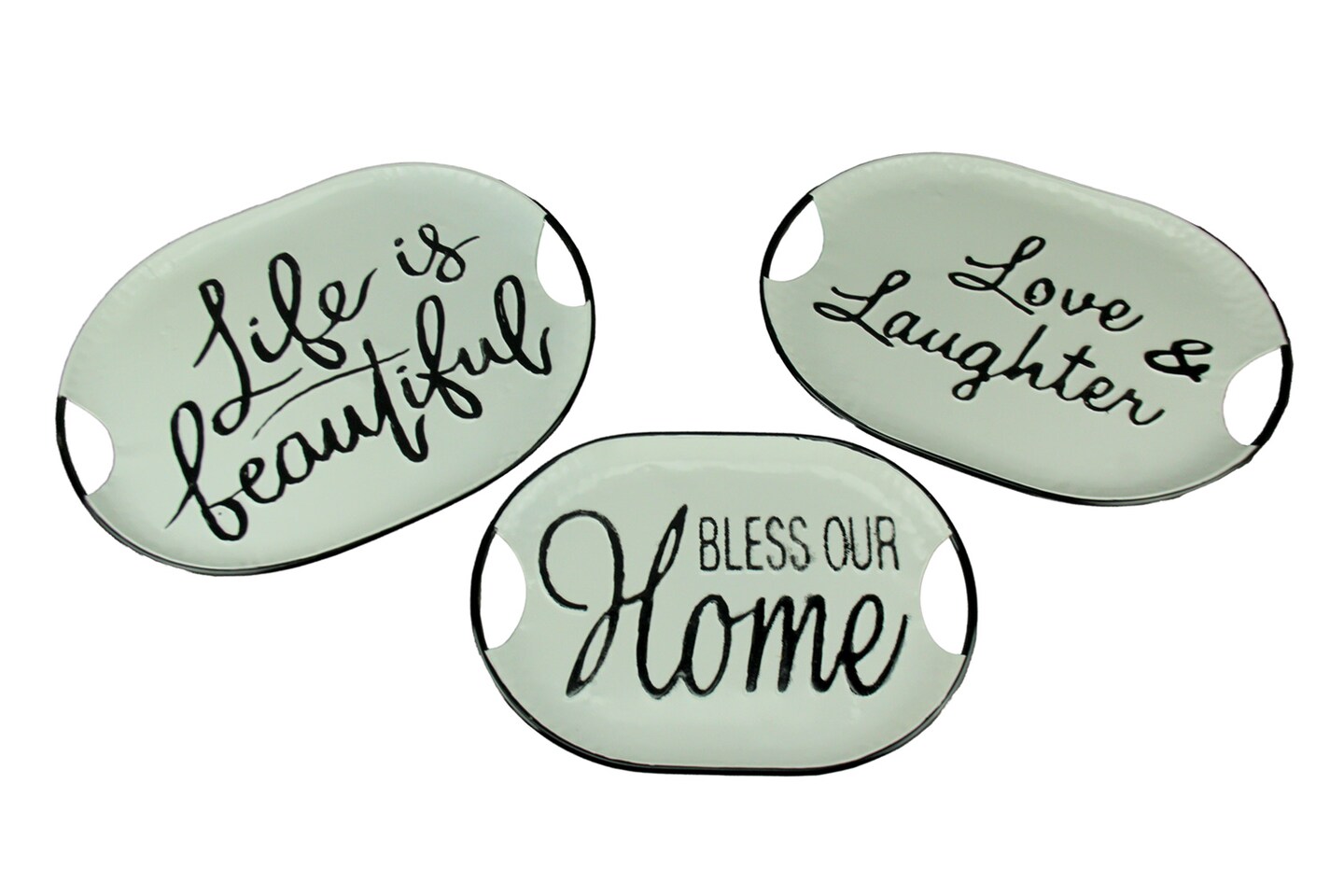 Black and White Decorative Metal Trays With Life Love and Home Wording Set of 3