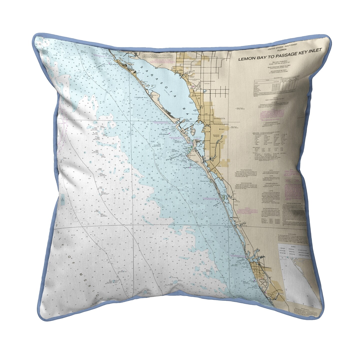 Venice Nautical Map Pillow 12x12 &#x2013; Small Corded Indoor/Outdoor