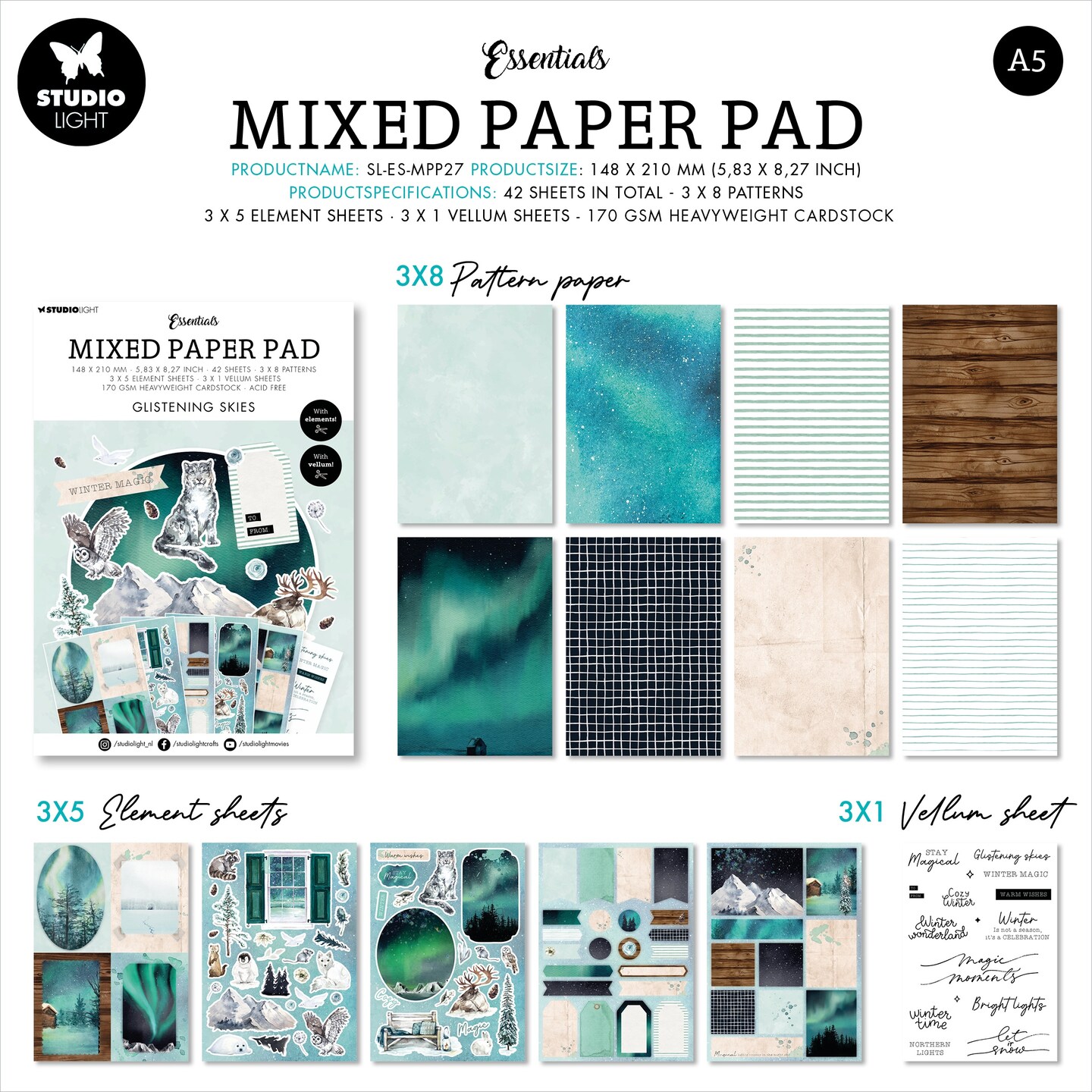 Studio Light Essentials Mixed Paper Pad 5.83"X8.25"-Nr. 27, Glistening ...