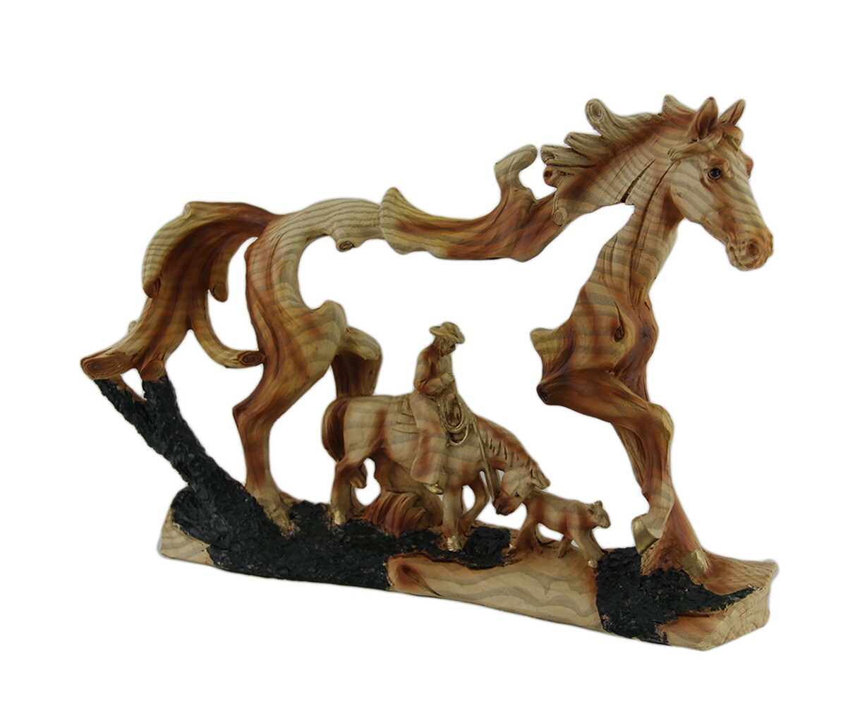 Horse and Cowboy Faux Wood Carving Statue