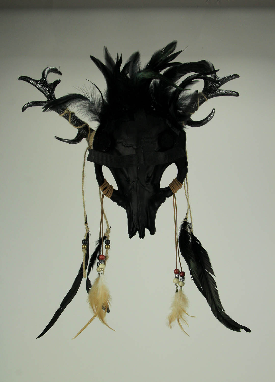 Metallic Tribal Skull Demon Deer with Feathers Adult Halloween Mask
