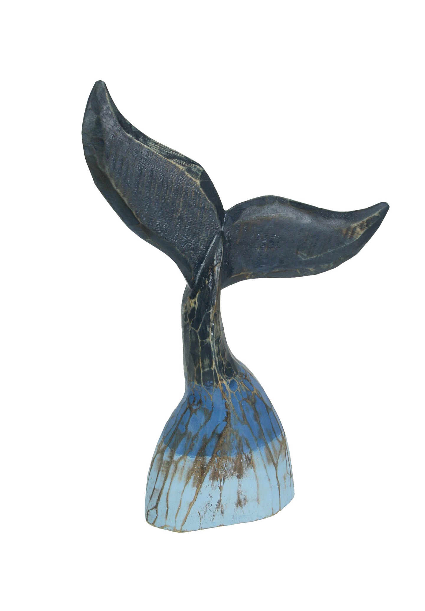 Coastal Blue Carved Wooden Whale Tail Tabletop Statue 16 Inches High