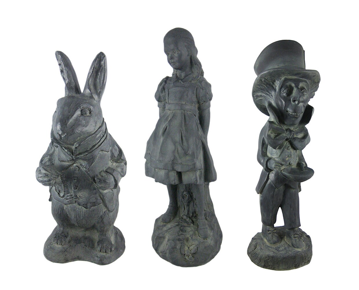 Alice in Wonderland White Rabbit, Mad Hatter, Alice Oxidized Garden Statue Set