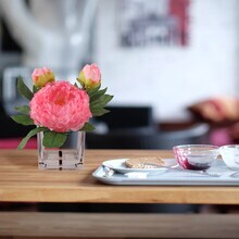 Set of 2: Artificial Pre-Made Peony Arrangement in Faux Water Look Glass Square Vase | 10-Inch | Pink | Floral Arrangement | Parties & Events | Home & Office Decor