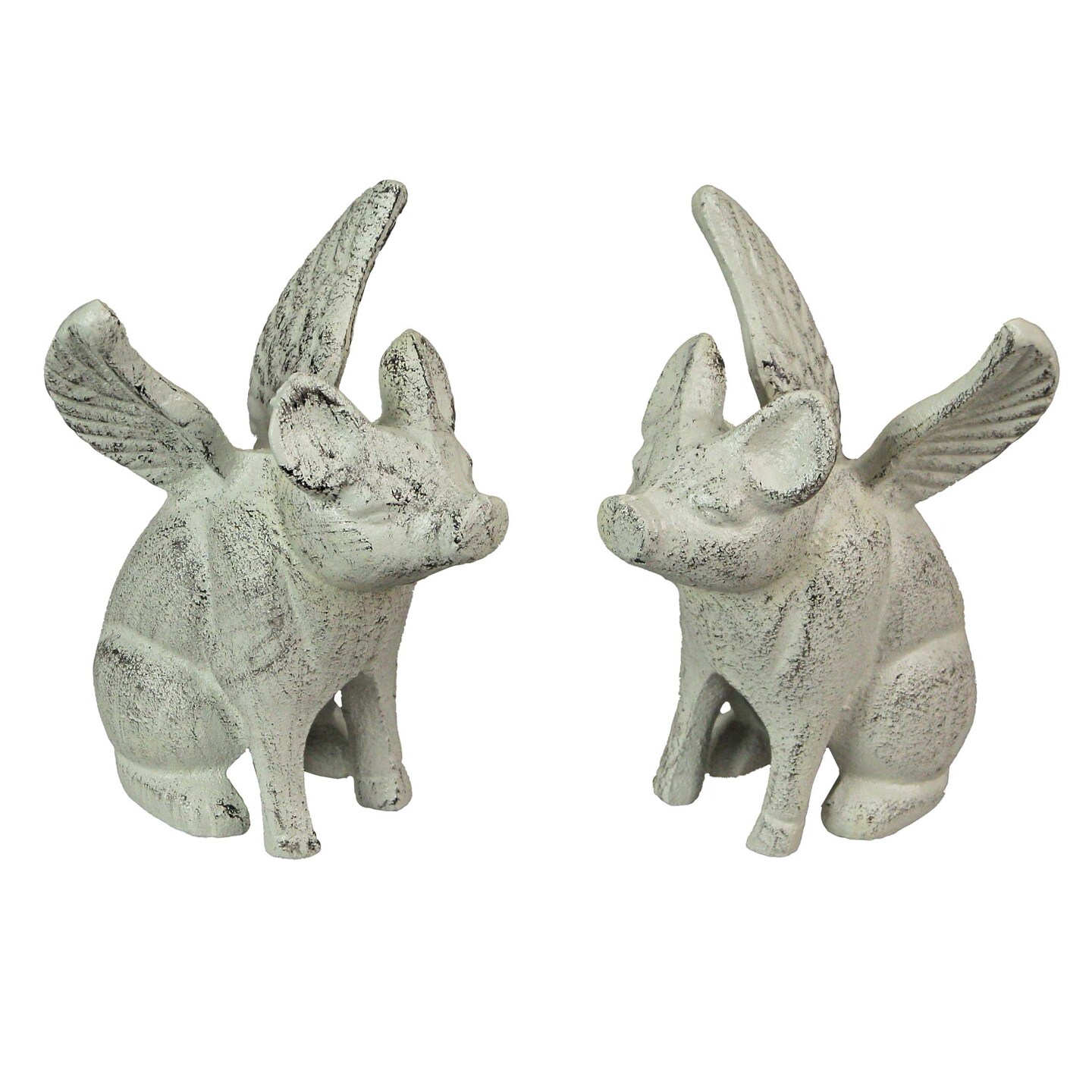 Set of 2 Cast Iron Distressed White Flying Pig Bookends Rustic Decorative Home