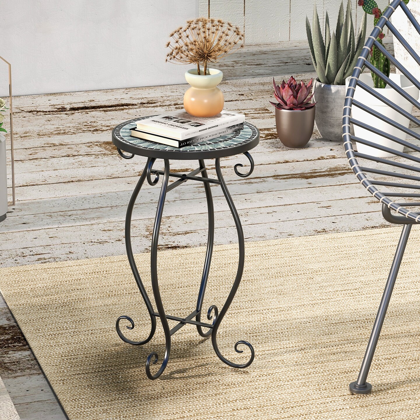 Costway Mosaic Outdoor Round End Table with Weather Resistant Ceramic Tile Tabletop