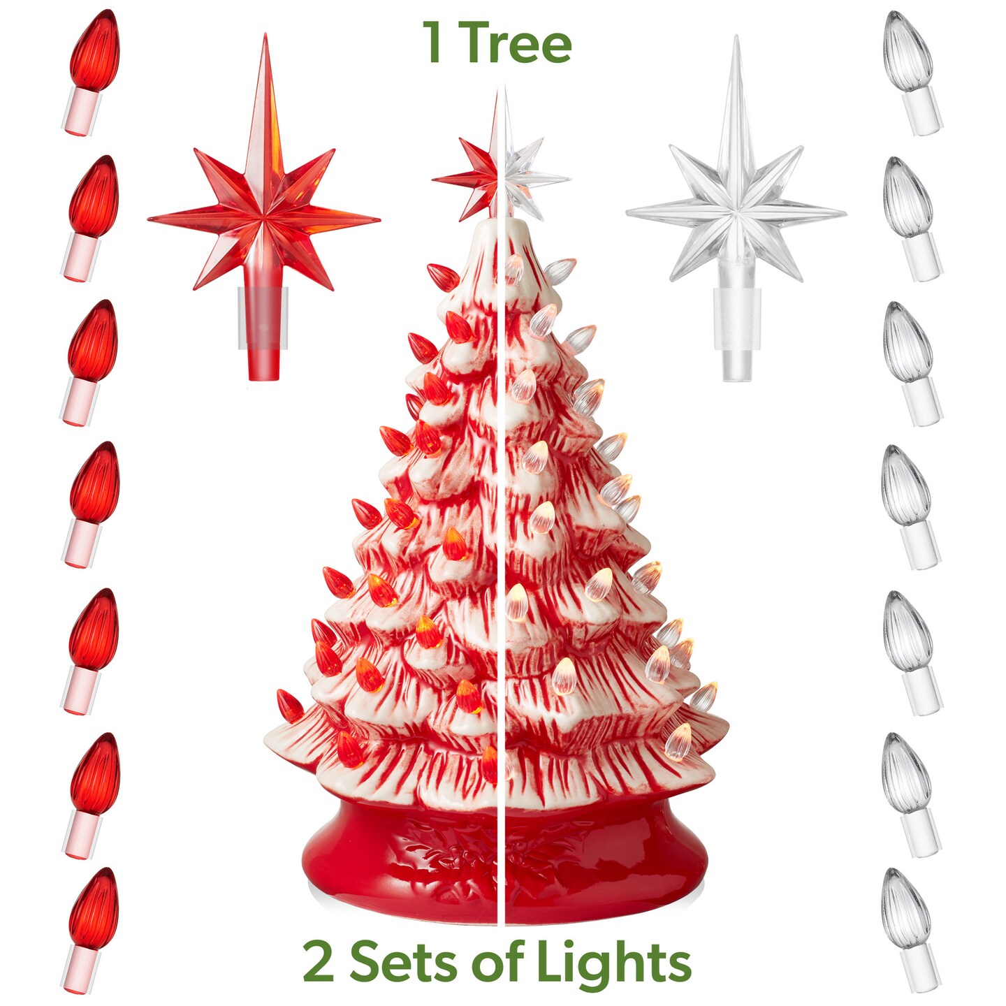 Casafield Hand Painted Ceramic Christmas Tree, Red and White Peppermint 15-Inch Pre-Lit Tree with 128 Red and Clear Lights and 2 Star Toppers