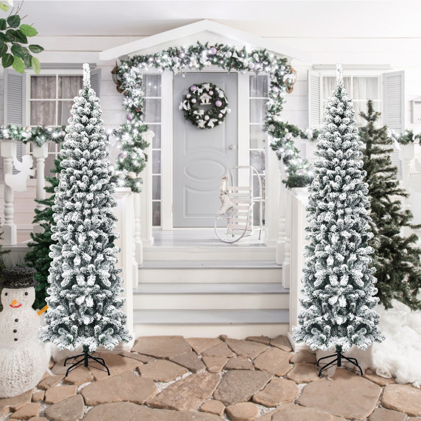 Costway 7.5Ft Unlit Hinged Snow Flocked Artificial Pencil Christmas Tree with 641 Tips