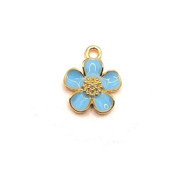 4, 20 or 50 Pieces: Light Blue and Gold Flower Charms