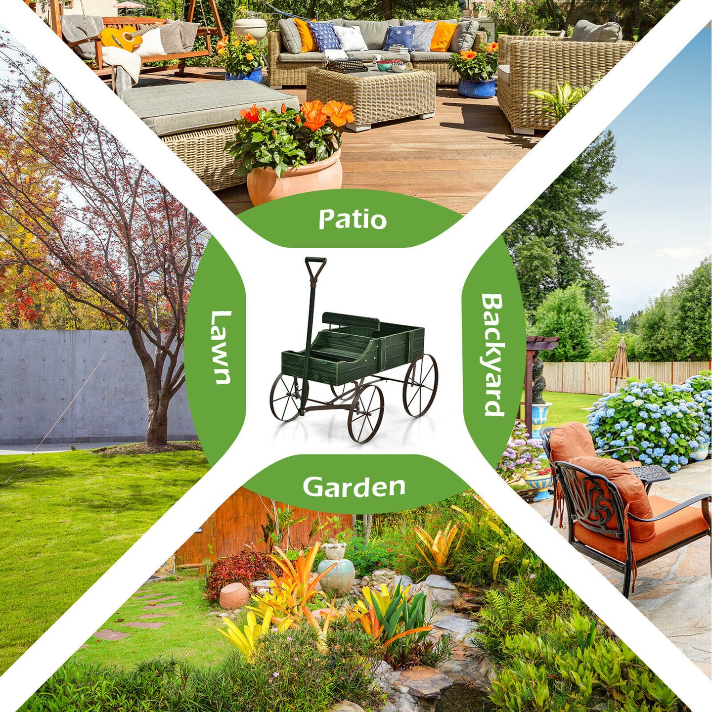 Costway Garden Plant Planter Wooden Wagon Planter W/ Wheel Garden Yard