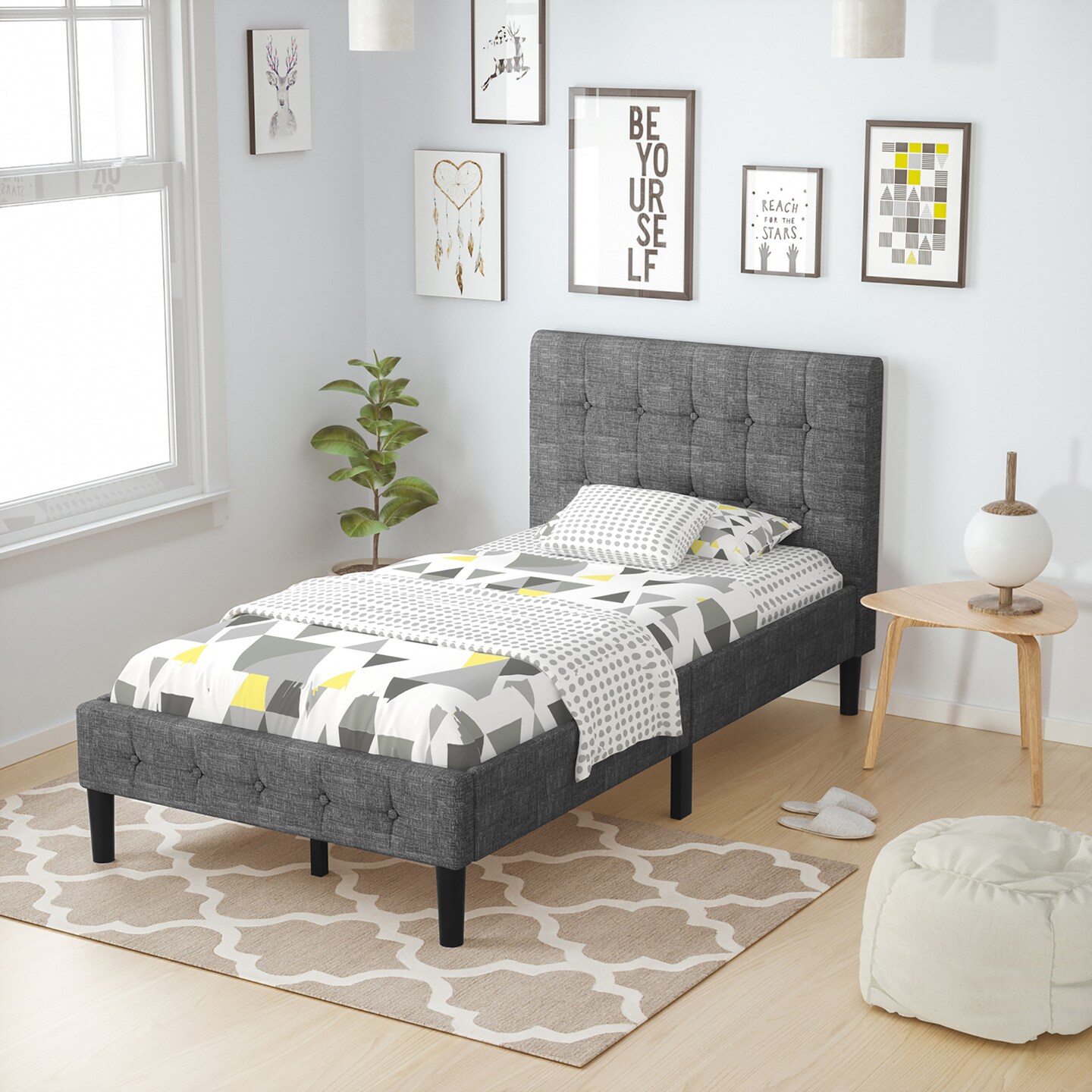 Costway Twin Upholstered Bed Frame Button Tufted Headboard Mattress Foundation