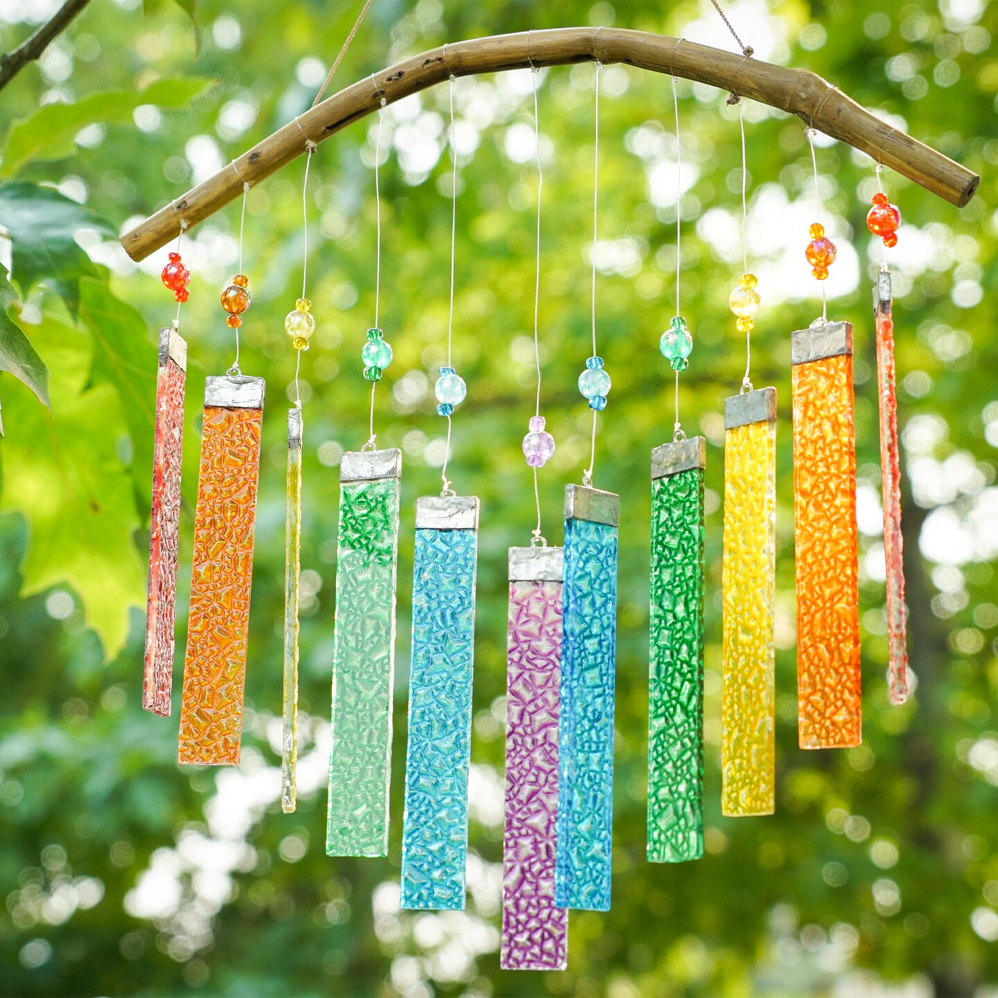 In the Breeze 7025 &#x2014; Rainbow Textured Glass Mobile Wind Chime - Colorful Hanging Suncatcher - Hanging Glass Decoration