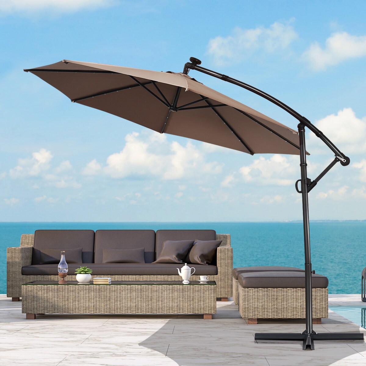 Costway 10FT Patio Offset Umbrella Solar LED 360degrees Rotation Brown