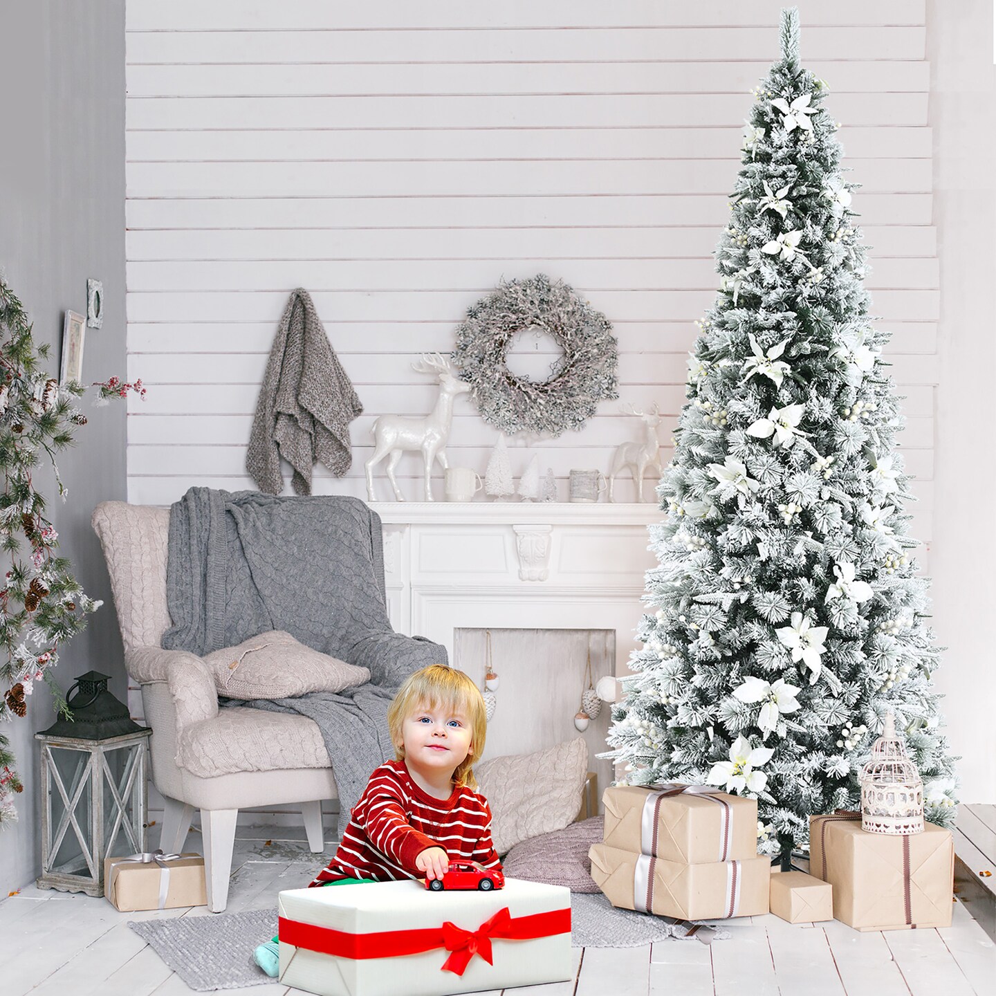 Costway 5ft/6ft/7ft/8ft Snow Flocked Christmas Pencil Tree w/ Berries &#x26; Poinsettia Flowers
