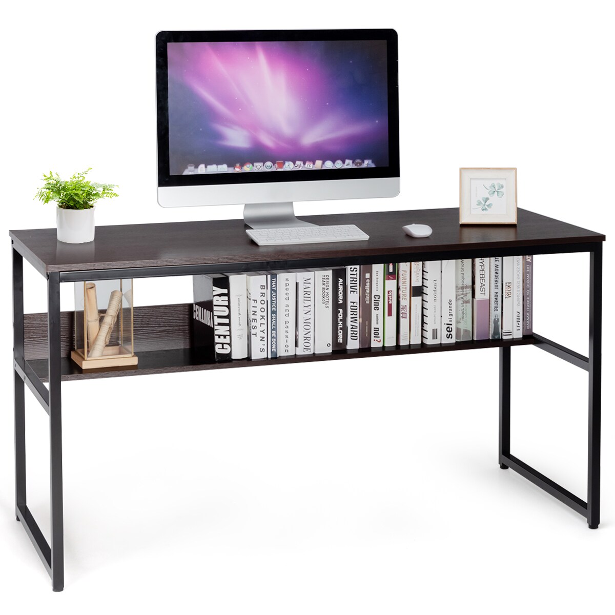 Costway 55'' Industrial Computer Desk w/ Storage Shelf Adjustable Foot Pads