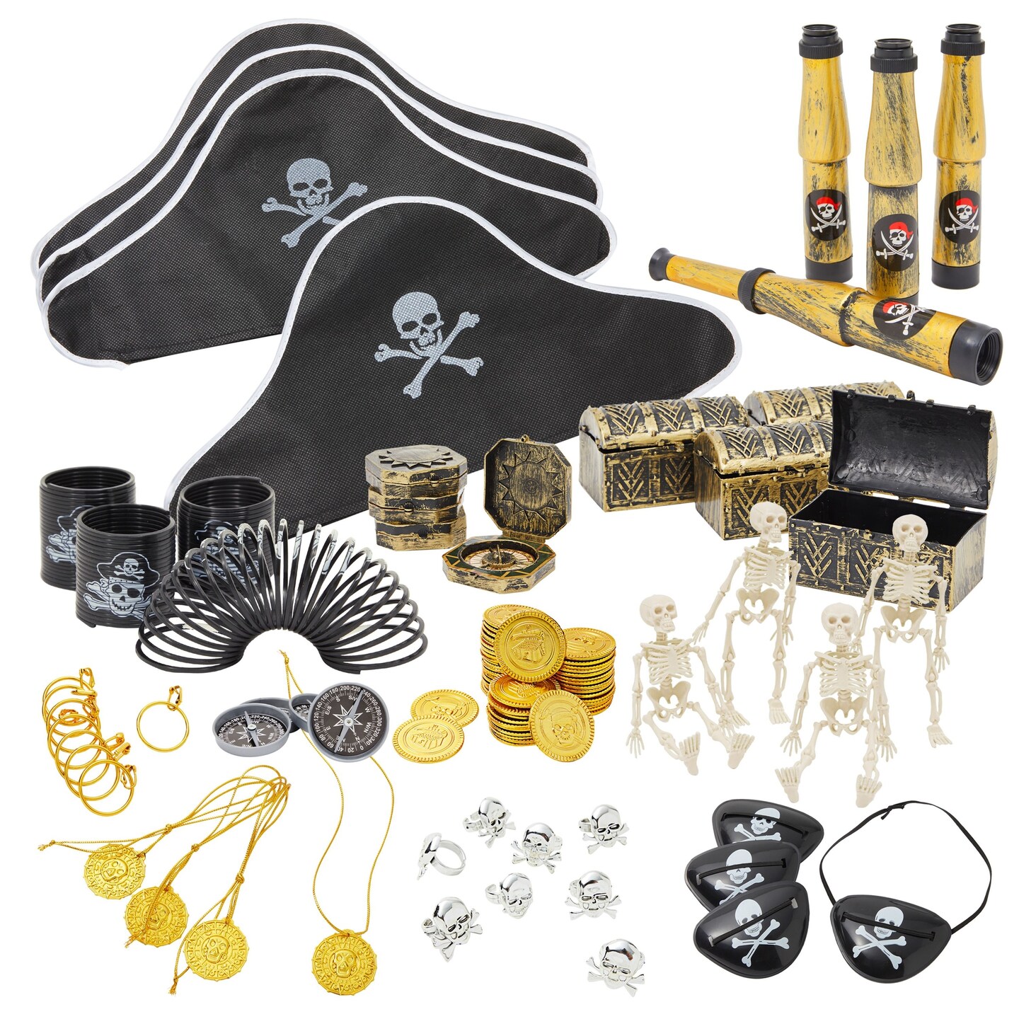 100 Piece Set Pirate Birthday Party Supplies for Kids, Hat, Patch, Compass,  Coins, Toys and Accessories for Party Favors