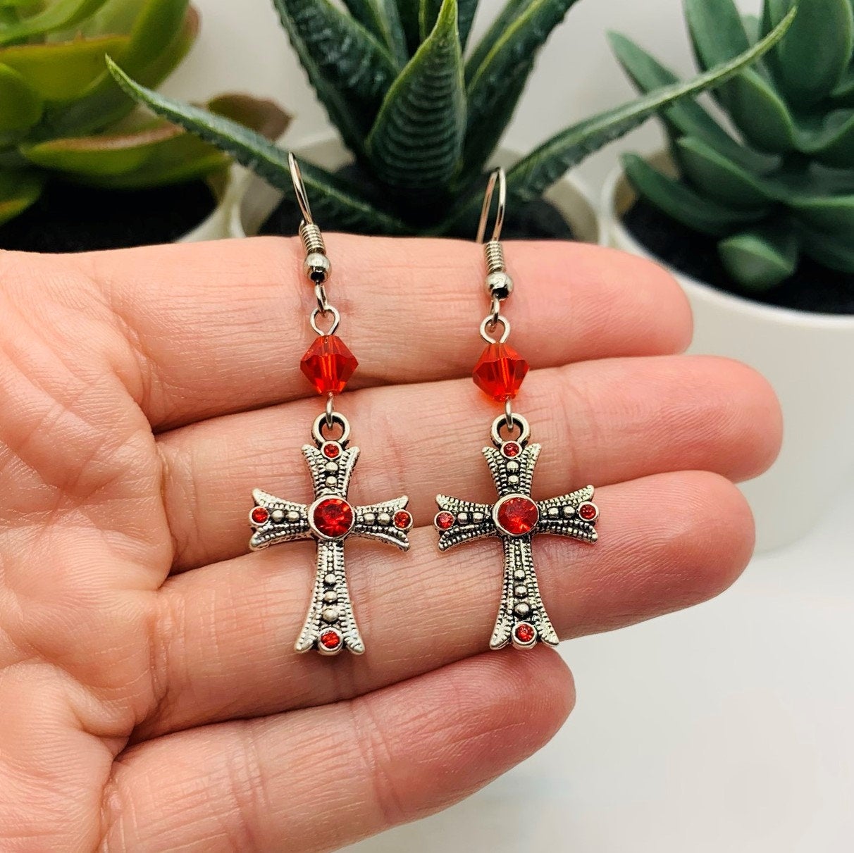 Red Rhinestone Gothic Cross Earrings