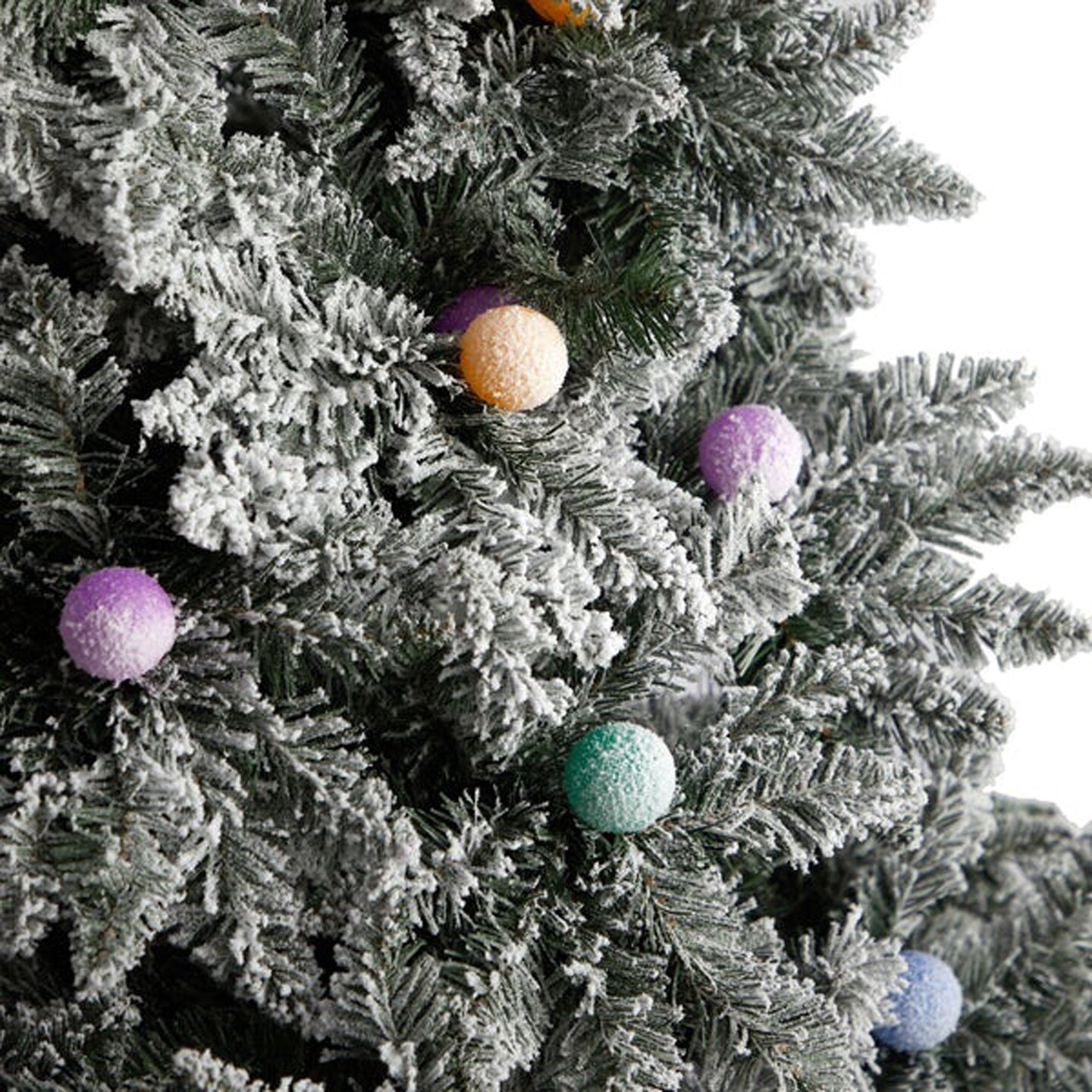 Nearly Natural Home Decorative 9.5&#x27; Flocked British Columbia Mountain Fir Artificial Christmas Tree with 150 Multi Color Globe Bulbs and 2297 Bendable Branches