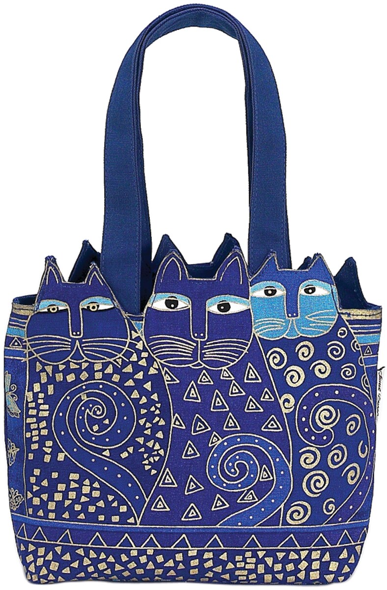 Laurel Burch Medium Tote Zipper Top 12"X3.5"X8.5"-Tres Gatos - Blue & Gold
