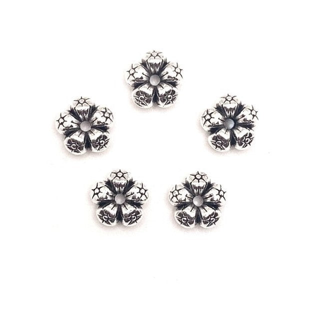 4, 20 or 50 Pieces: Round Silver Flower Spacer Charm Beads - Double Sided