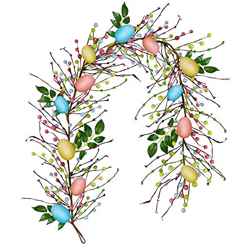 Winlyn 6 FT Long Artificial Easter Egg and Mixed Berry Garland Hanging Rustic Spring Garland Pastel Easter Garland Vine String for Easter Springtime Seasonal Decoration Wreath Making