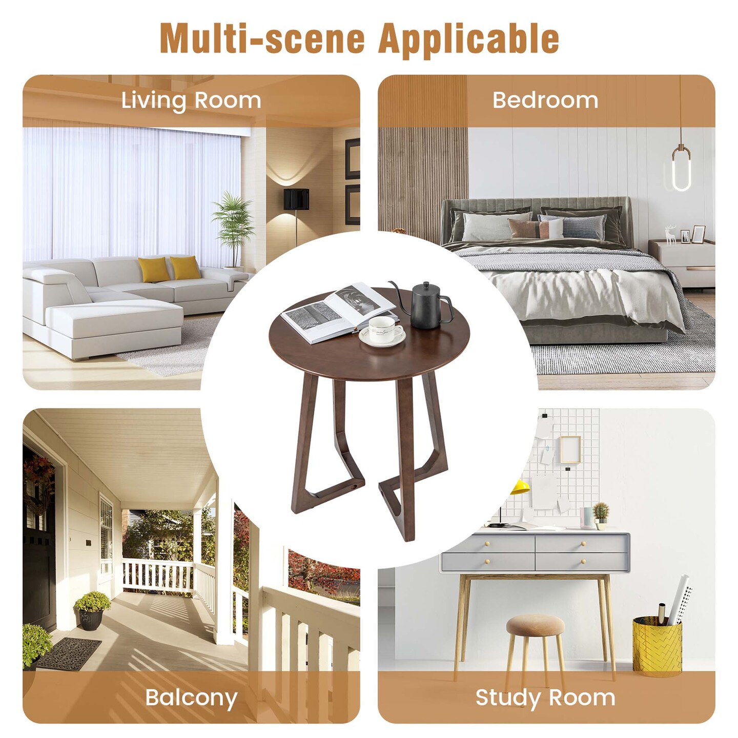 Costway 24&#x22; Round Side Table Solid Rubber Wood End Table Beside Sofa&#x26;Bed for Small Space Brown/Natural