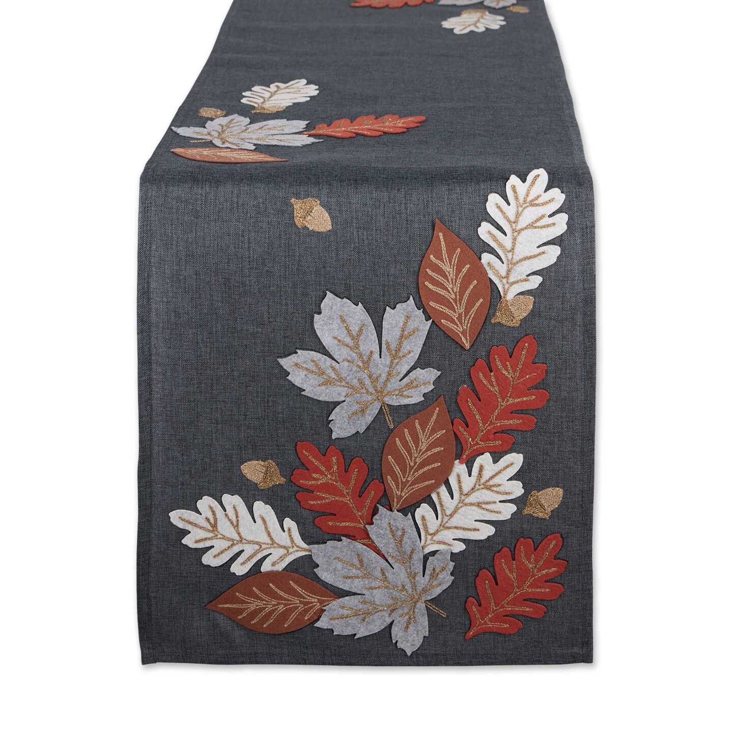 Contemporary Home Living Autumn Leaves Embroidered Table Runner - 70&#x22; Gray and White