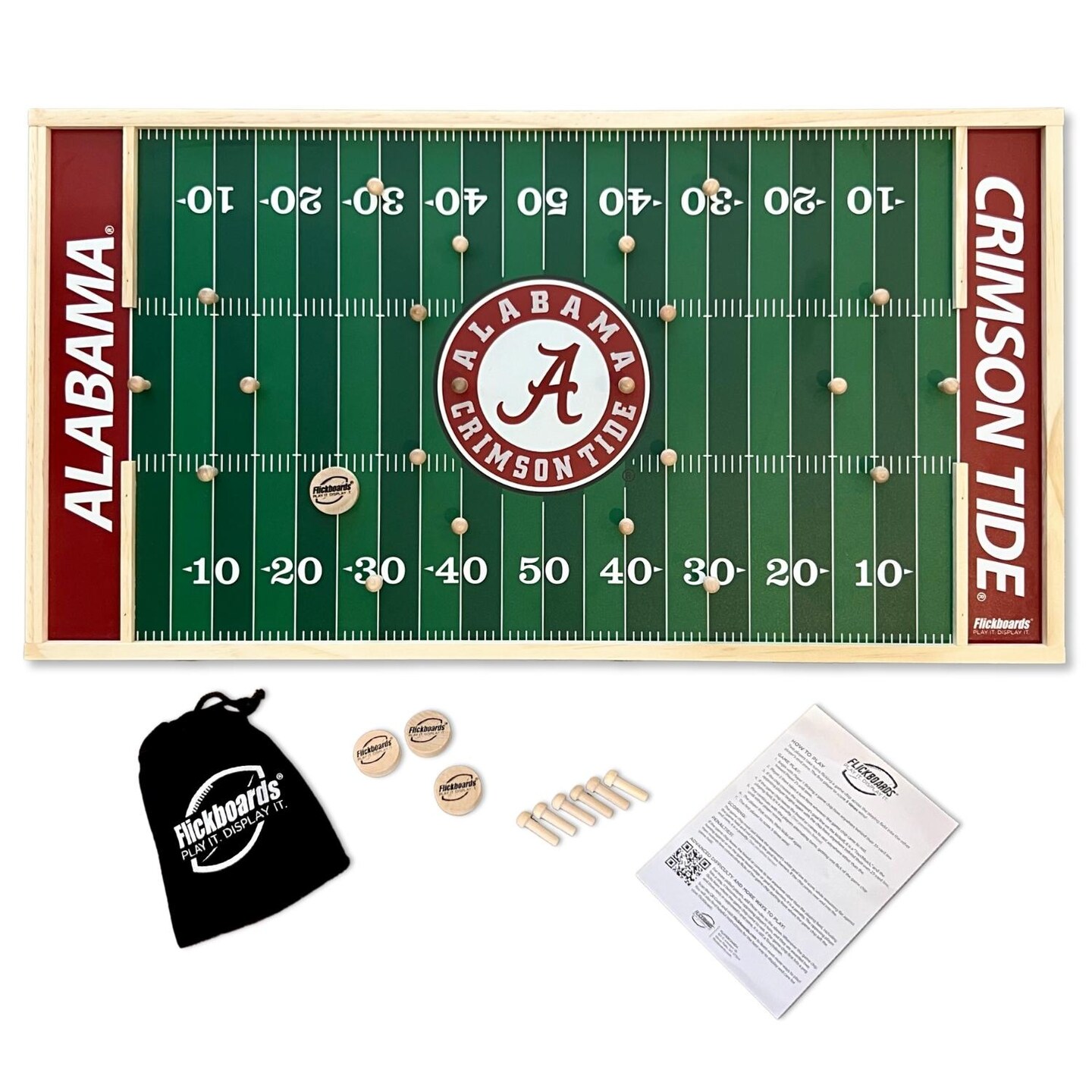 Flickboards 2 in 1 Officially Licensed Alabama Crimson Tide Party Game and Sports Decor - Family Friendly 2 Player Indoor Outdoor Handcrafted Wooden Tabletop Football for Tailgating Fun