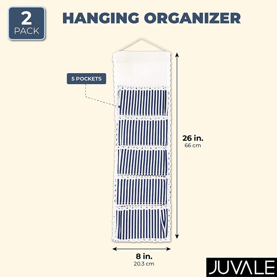 2pcs Door Closet Wall Hanging Organizer Storage Bag Pouch 5 Pocket Blue Stripes
