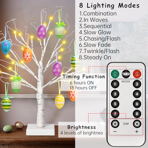 24&#x22; Easter Lighted Birch Tree with 12pcs Ornaments,Warm White LED Birch Tree Light Tabletop Artificial Tree 8 Lighting Modes USB or Batteries Operated with Timer for Easter Decor