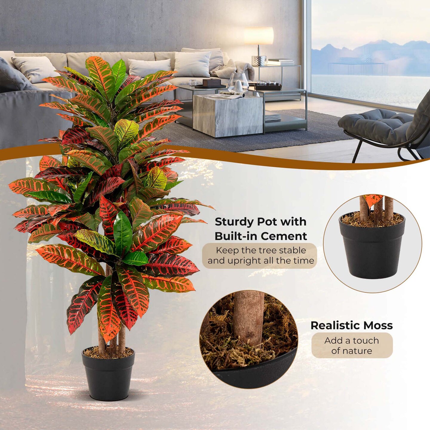 Costway Artificial Croton Plant 40&#x22; Tall Faux Fiddle Leaf Fig Tree Fake Croton Palm Tree